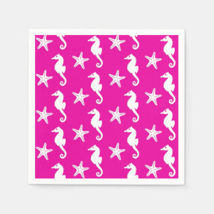 Serviettes Jetables Hippocampe et étoiles de mer - blanc sur le rose