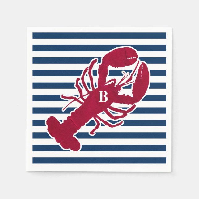 Serviettes Jetables Homard rouge nautique Monogramme Bleu Bleu Blancs (Devant)