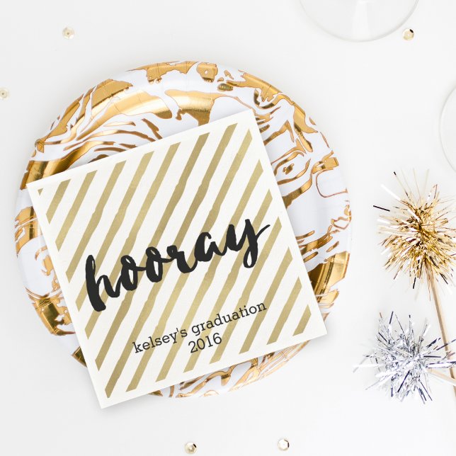 Serviettes Jetables Hooray | Black & Faux Gold Stripe Graduation (Créateur téléchargé)