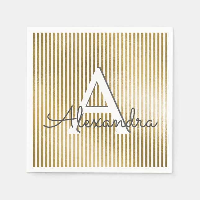 Serviettes Jetables Huile blanche et or rayé Monogramme Anniversaire (Devant)