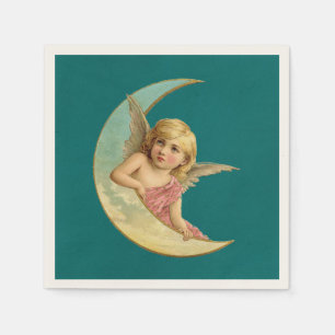 Serviettes Jetables Image vintage - Angel assis sur une lune de croiss