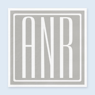 Serviettes Jetables Initiales Monogramme   Blanc Sur Gris Clair
