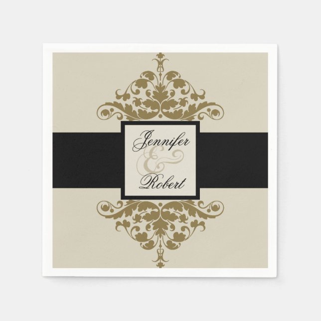 Serviettes Jetables Ivory Black et Gold Mariage damassé Napkin (Devant)