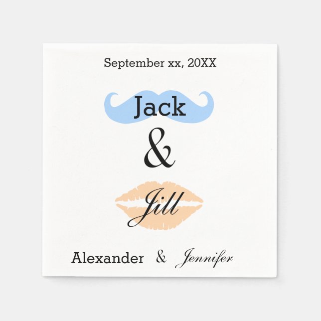 Serviettes Jetables Jack & Jill Party Moustache & Kiss Napkins (Devant)