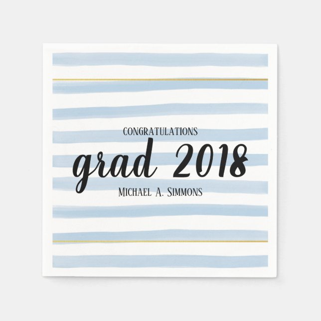 Serviettes Jetables Jalon moderne Bleu rayé GRAD Graduation Partie ser (Devant)
