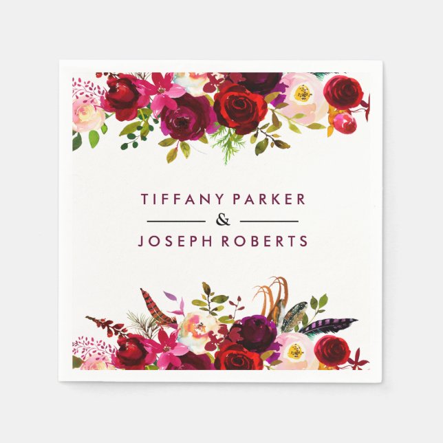 Serviettes Jetables Jardin rouge de Bourgogne Mariage floral (Devant)