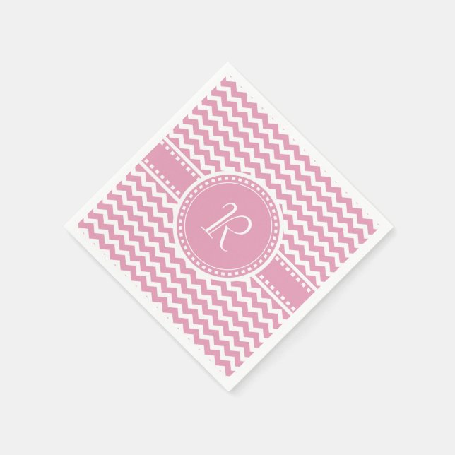 Serviettes Jetables Joli rose et blanc Chevron rayé Monogramme (Coin)