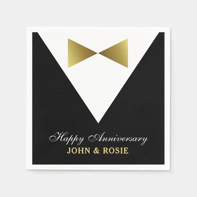 Serviettes Jetables Joyeux Anniversaire serviettes | Tuxedo noir et or (Devant)