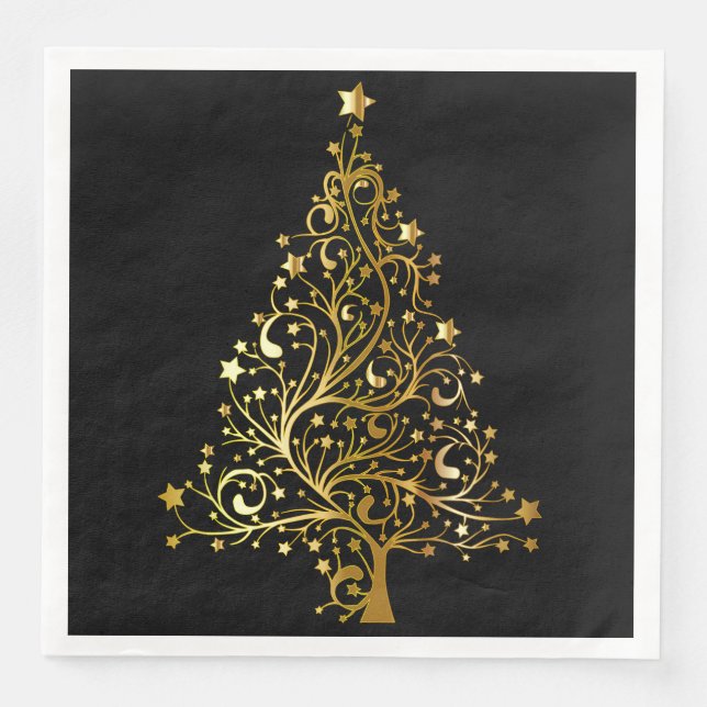 Serviettes Jetables Joyeux Arbre de Noël Etoiles Noir Or brillant Chic (Devant)