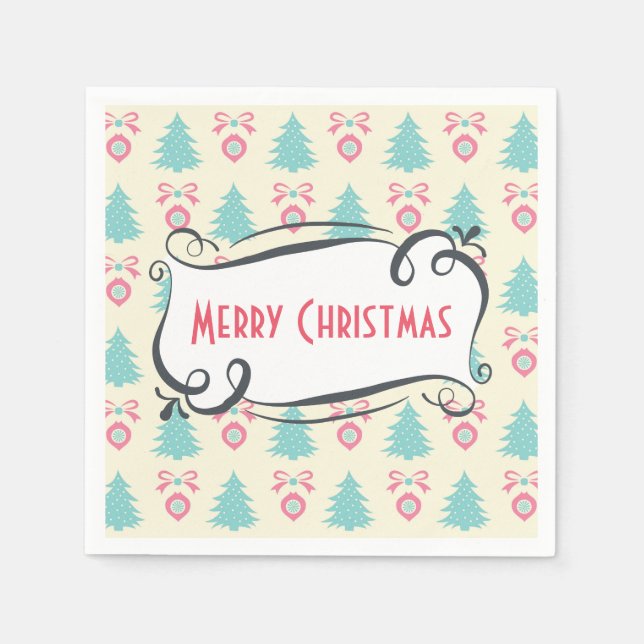 Serviettes Jetables Joyeux Motif de Noël avec Arbres Baubles & Bows (Devant)