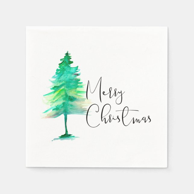 Serviettes Jetables Joyeux Noël, Aquarelle-pinetree traits verts (Devant)