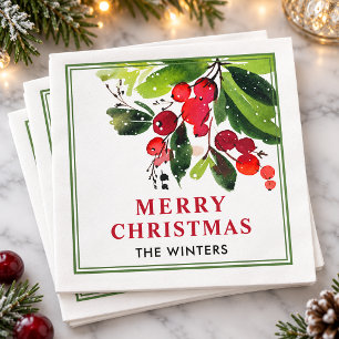 Serviettes Jetables Joyeux Noël Cadre de baie aquarelle rouge vert