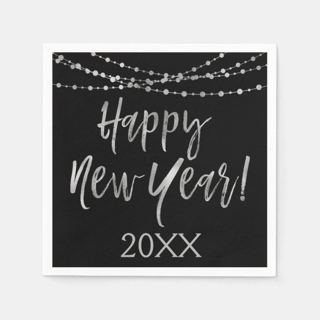 Serviettes Jetables Joyeux Nouvel An Foil noir et argent (Devant)