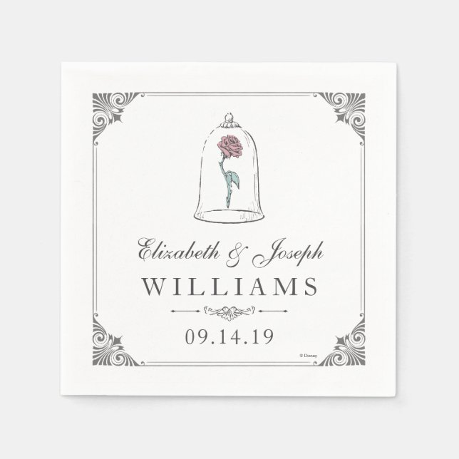 Serviettes Jetables La beauté et la bête | Mariage Rose enchanté (Devant)
