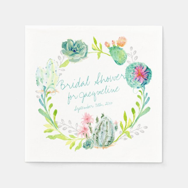 Serviettes Jetables Lancement de Mariée Aquarelle Cactus Succulente Dé (Devant)