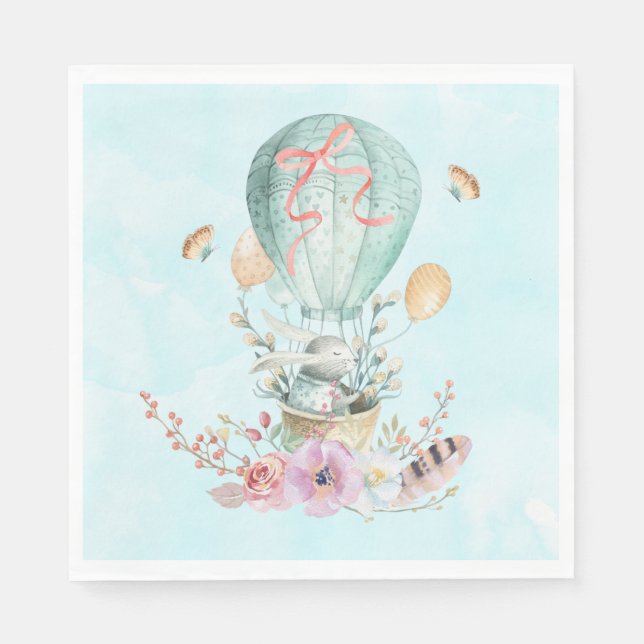 Serviettes Jetables Lapin Whimsical Riding dans un ballon à air chaud (Devant)