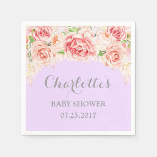 Serviettes Jetables L'aquarelle rose fleurit le baby shower pourpre