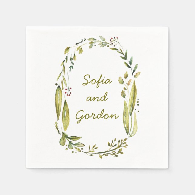Serviettes Jetables laurier de l'aquarelle de bois rustique mariage (Devant)