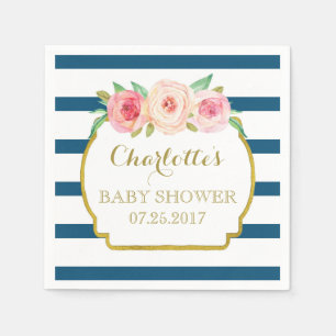 Serviettes Jetables Le bleu marine barre le baby shower floral rose
