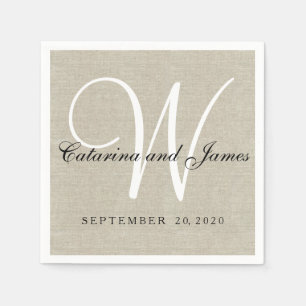 Serviettes Jetables Lin Beige Rustique Monogramme Papier Mariage servi