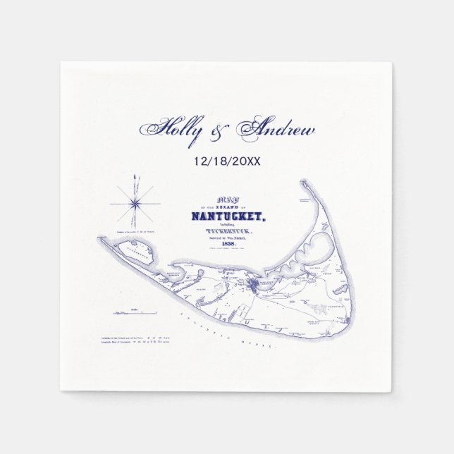 Serviettes Jetables Long Island The Hamptons Carte Marine Blue Mariage (Devant)