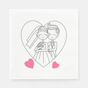 Serviettes Jetables Love Mariée Et Groom Cartoon Mariage Coeur Rose