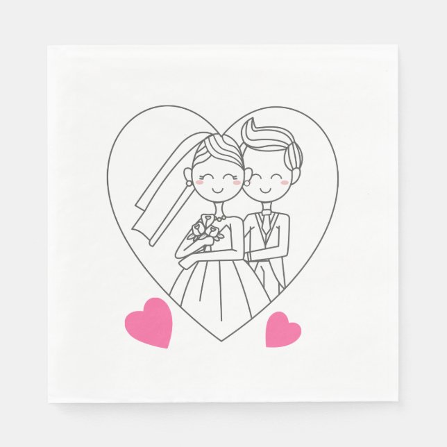 Serviettes Jetables Love Mariée Et Groom Cartoon Mariage Coeur Rose (Devant)