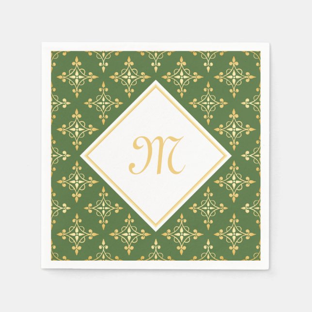 Serviettes Jetables Luxe Monogramme vert et or Quatre Floral (Devant)