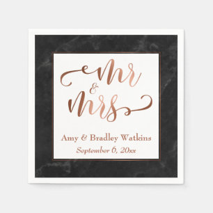 Serviettes Jetables "M. et Mme" Faux script cuivre sur marbre noir
