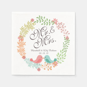 Serviettes Jetables M. & Mme Floral Wreath avec Mariage d'oiseaux Napk
