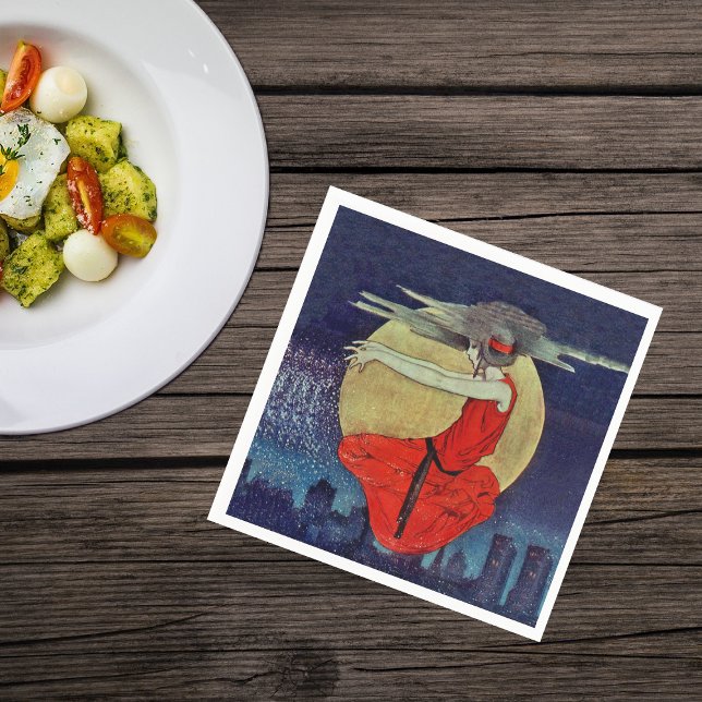 Serviettes Jetables Magic Flottant Femme Lune Nuit Ciel Sorcière (Magical women red dress floating in night sky yellow moon over city lights on napkins.)