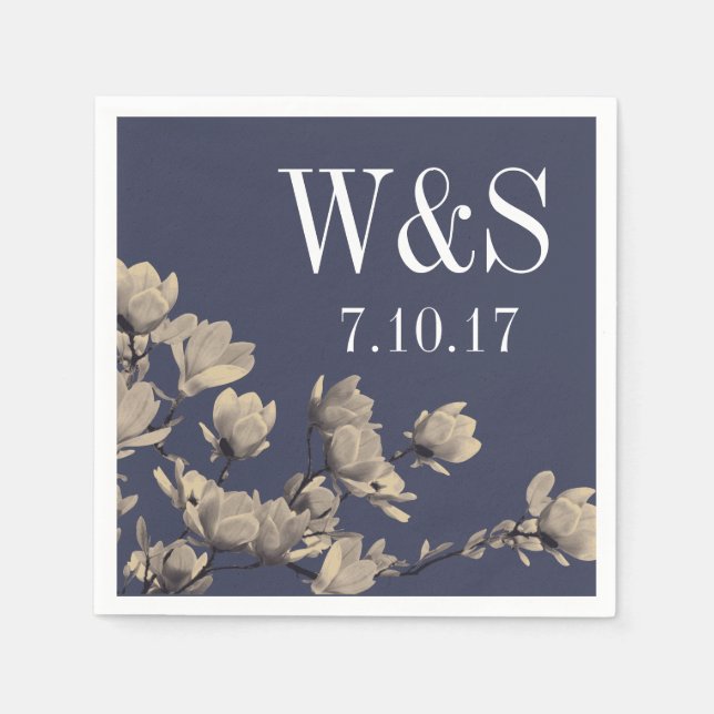 Serviettes Jetables Magnolias du Sud et Mariage bleu de minuit (Devant)