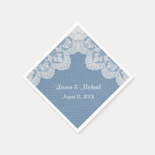 Serviettes Jetables Mariage bleu Denim et dentelle