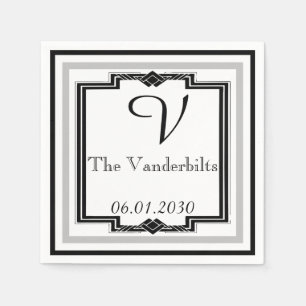 Serviettes Jetables Mariage cadre Art déco noir, blanc et argent