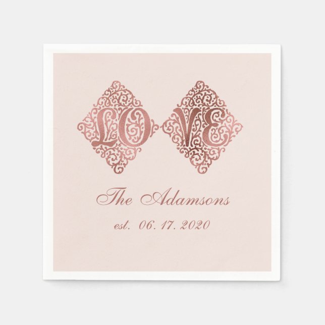 Serviettes Jetables Mariage de calligraphie d'amour gravé en or Blush  (Devant)