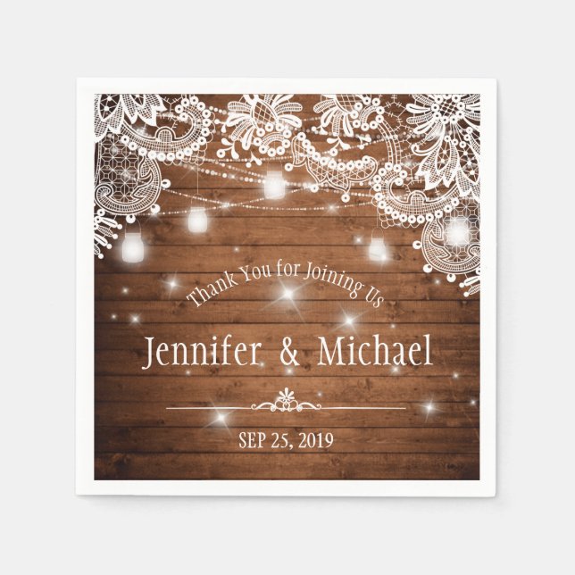 Serviettes Jetables Mariage de dentelle en bois rustique Mason Jar (Devant)