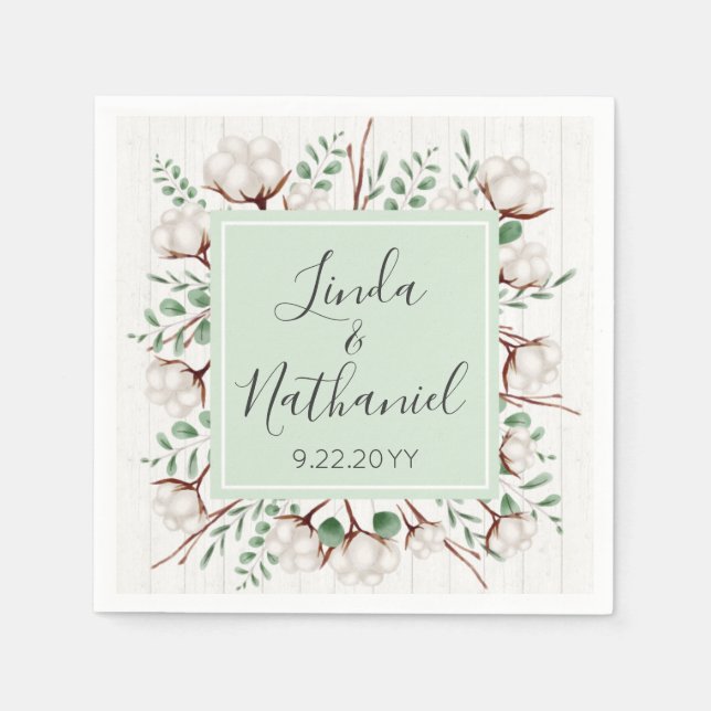 Serviettes Jetables Mariage de ferme rustique Southern Cotton & Wood C (Devant)