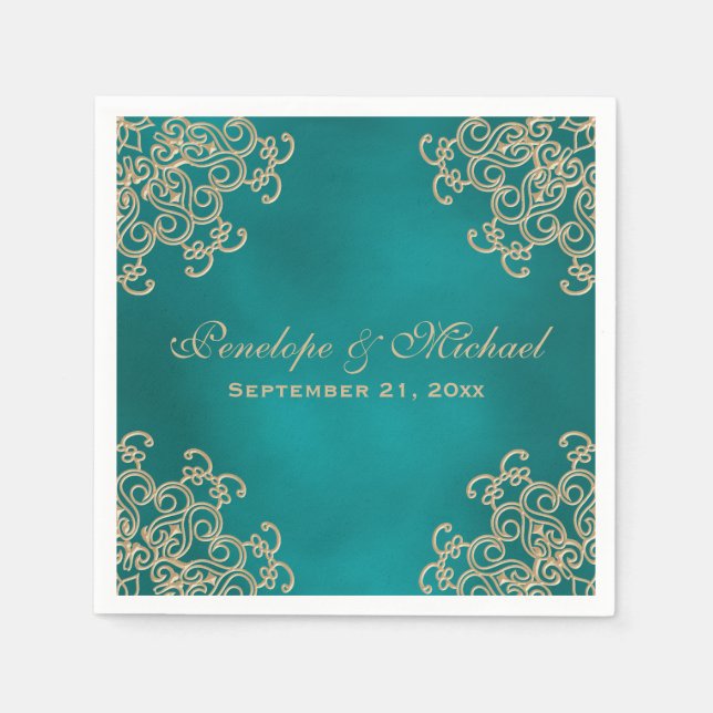 Serviettes Jetables Mariage de style indien turquoise et or (Devant)