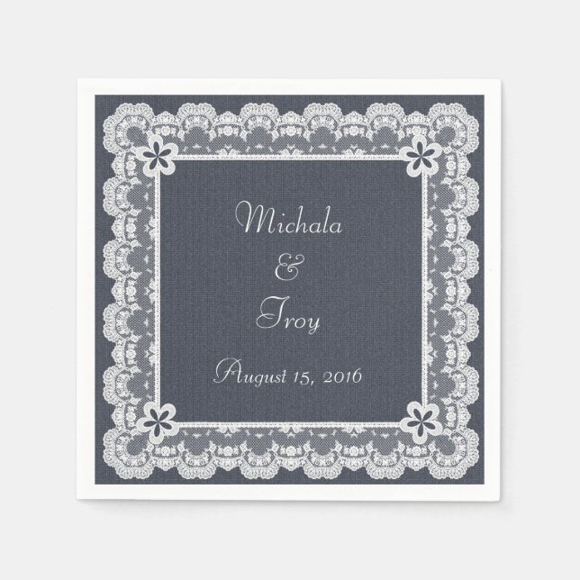 Serviettes Jetables Mariage Dentelle Cadre bleu Denim (Devant)