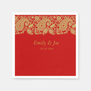 Serviettes Jetables Mariage en dentelle rouge et or paisley