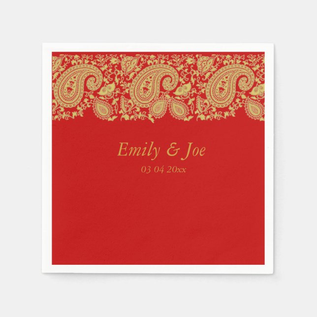Serviettes Jetables Mariage en dentelle rouge et or paisley (Devant)
