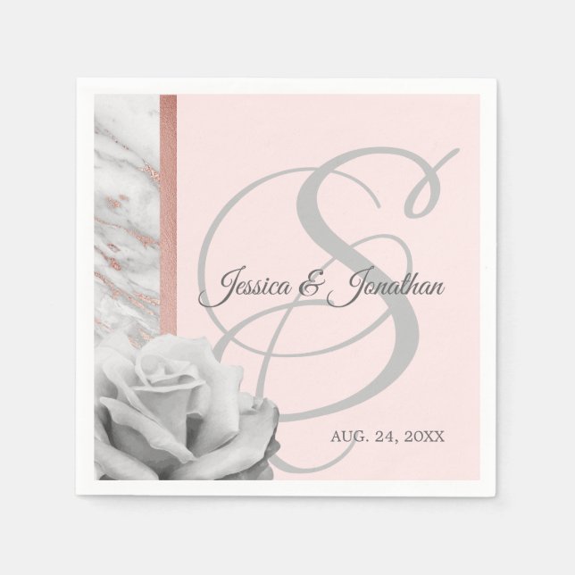 Serviettes Jetables Mariage en marbre gris et rose (Devant)