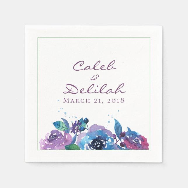 Serviettes Jetables Mariage floral bleu profond violet Moody Twilight (Devant)