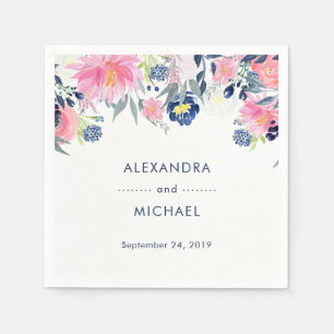 Serviettes Jetables Mariage floral moderne Blush Rose et Navy
