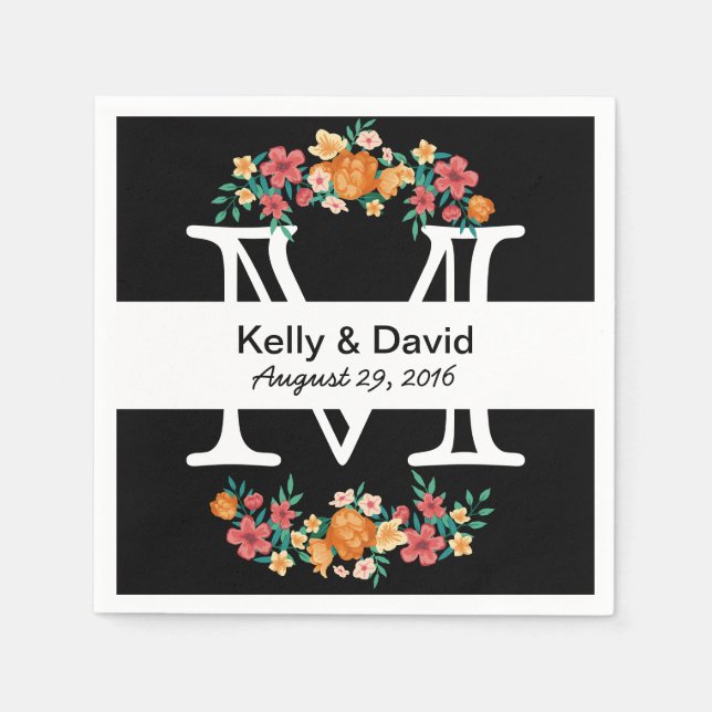 Serviettes Jetables Mariage Floral noir et blanc Monogramme (Devant)