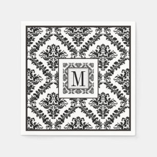 Serviettes Jetables Mariage monogramme noir, blanc damassé