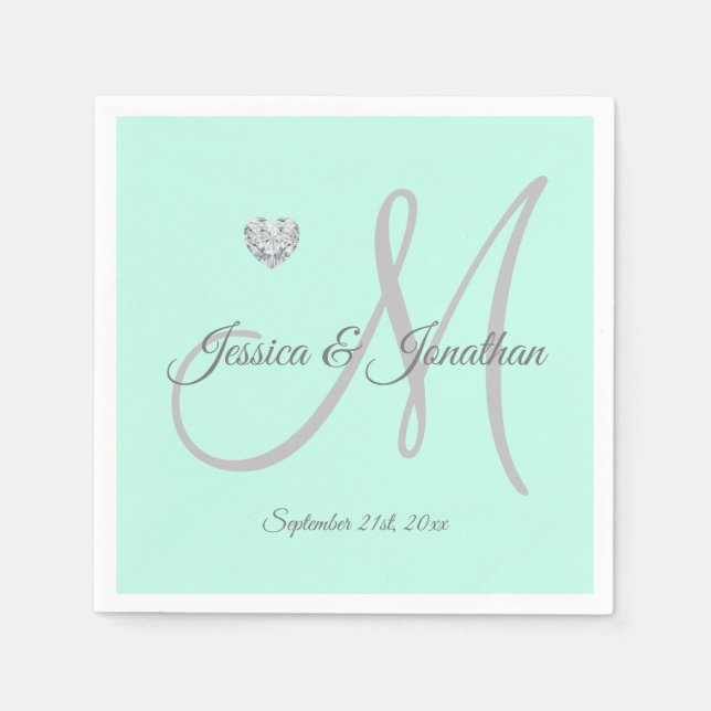 Serviettes Jetables Mariage monogramme personnalisé Mint Green Heart (Devant)