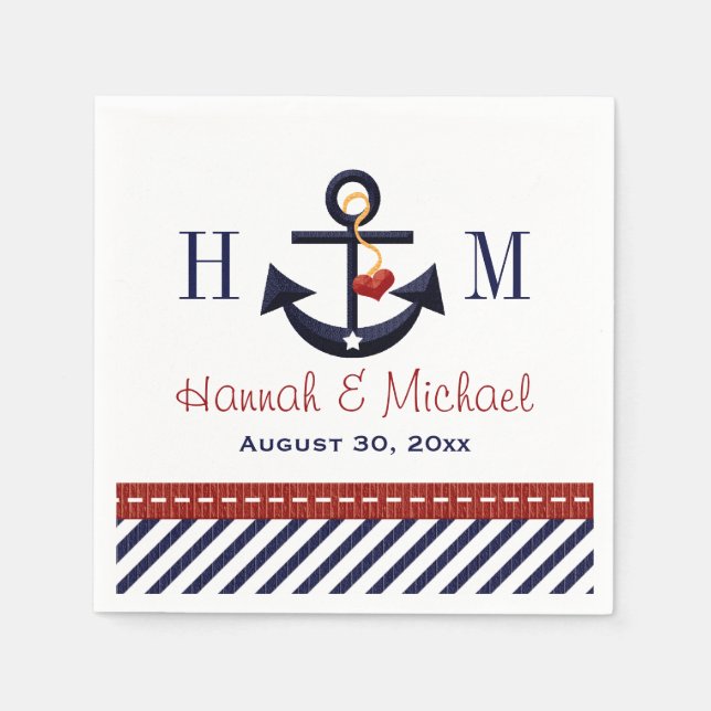 Serviettes Jetables Mariage nautique de l'Ancre de la Marine et du Rou (Devant)