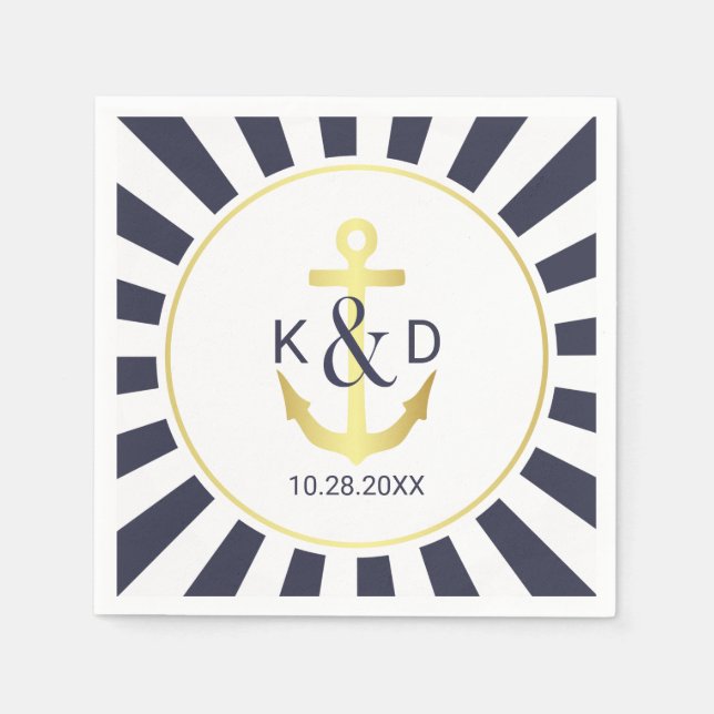 Serviettes Jetables Mariage nautique de marine et d'or (Devant)