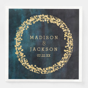 Serviettes Jetables Mariage Navy Blue Watercolor & Gold Confetti